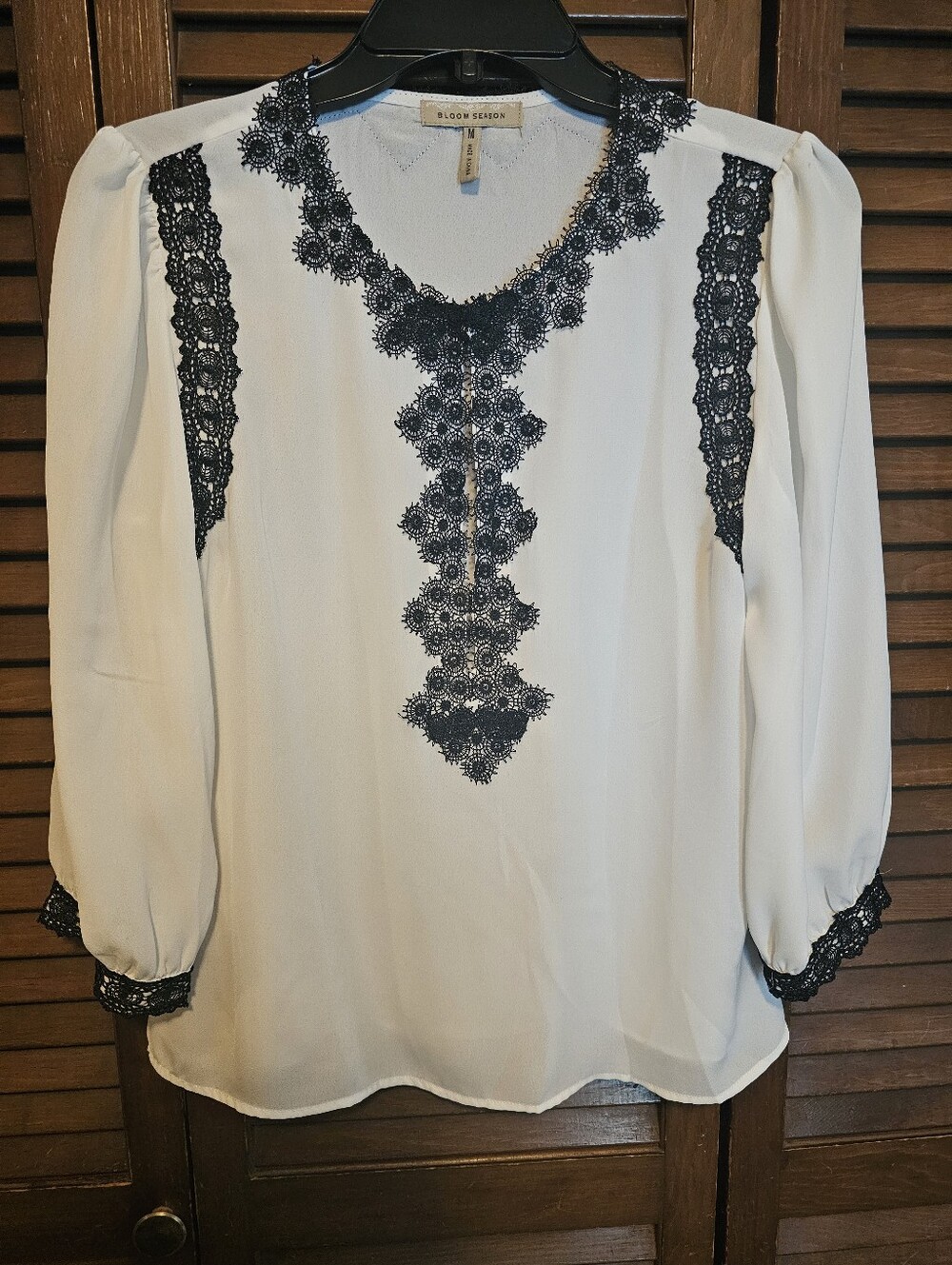 Bloom Season White Blouse with Black Lace Trim — Size Medium